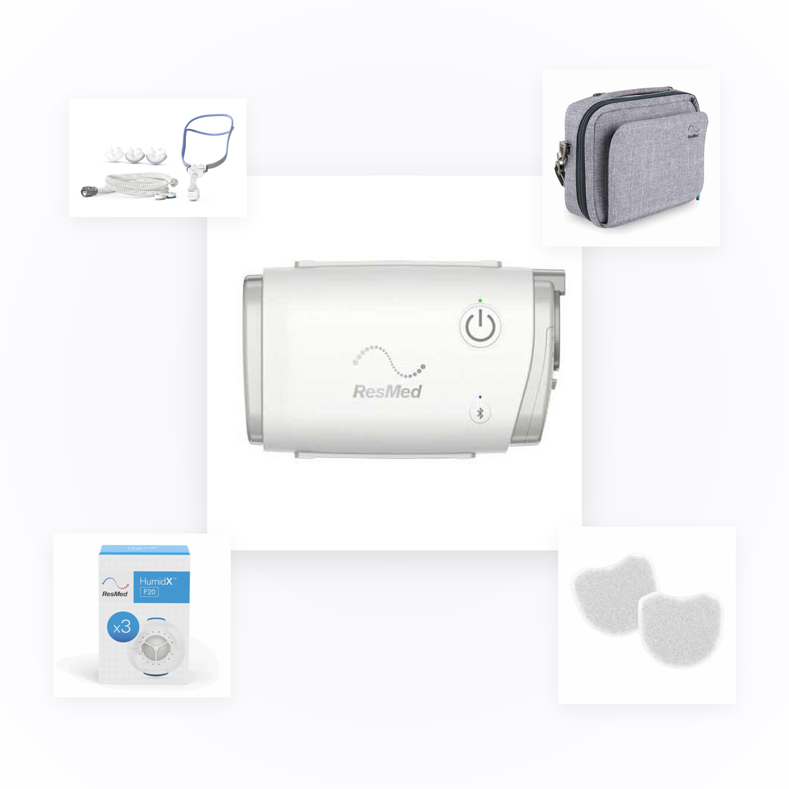 ResMed AirMini CPAP kit shown on a white background with inset images of included accessories: a carrying case, tubing and connectors, Humid X 3 pack and two filters.