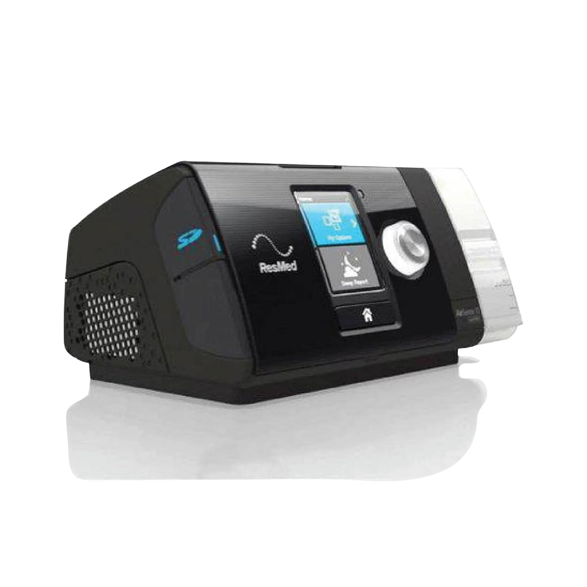 A black ResMed CPAP machine with a blue and white digital display screen, a silver dial, and a clear mouthpiece, shown on a white background with a soft reflection.