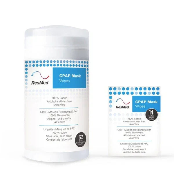 ResMed CPAP mask wipes 62 and 14 count packaging on a white background