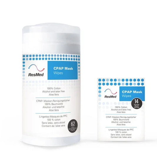 ResMed CPAP mask wipes 62 and 14 count packaging on a white background