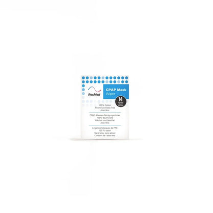 A single packet of ResMed CPAP Mask Wipes on a clean white background. The packaging is white with blue dots, a blue header, and a black circle indicating '14 Wipes'.