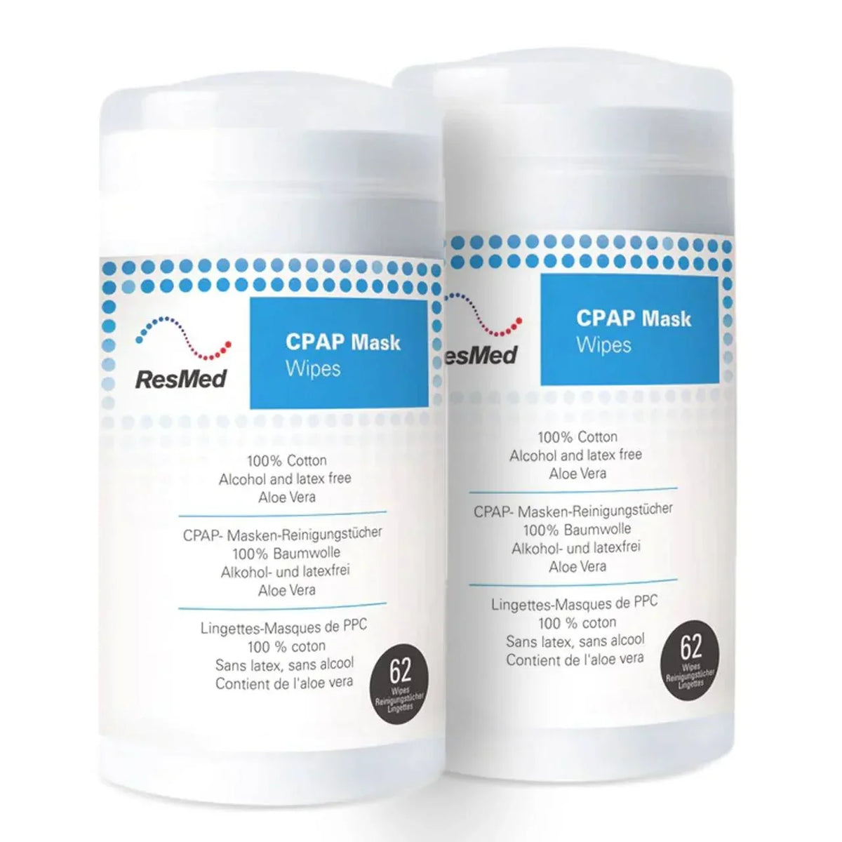 Two white plastic containers of ResMed CPAP Mask Wipes, showing the front labels of two different sizes, on a clean white background.