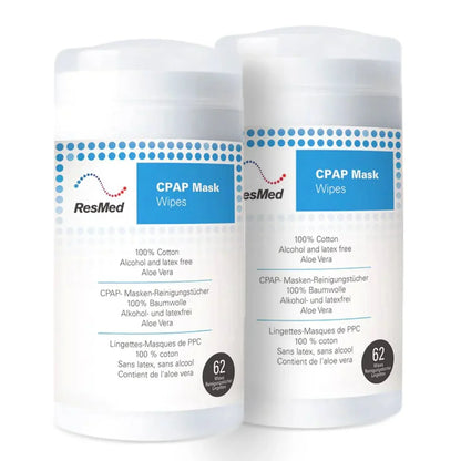 Two white plastic containers of ResMed CPAP Mask Wipes, showing the front labels of two different sizes, on a clean white background.