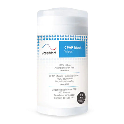 ResMed CPAP mask wipes container, 62 count, for CPAP cleaning and sanitizing.