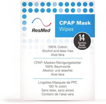 ResMed CPAP mask wipes pack, 14 cotton, alcohol and latex free sachets with aloe vera