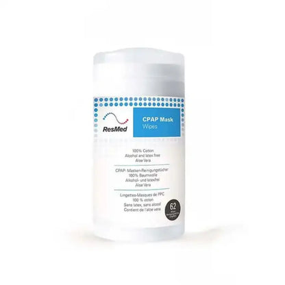 A white plastic container of ResMed CPAP Mask Vipes with a clear cap, featuring blue and black text and logo on a white background.