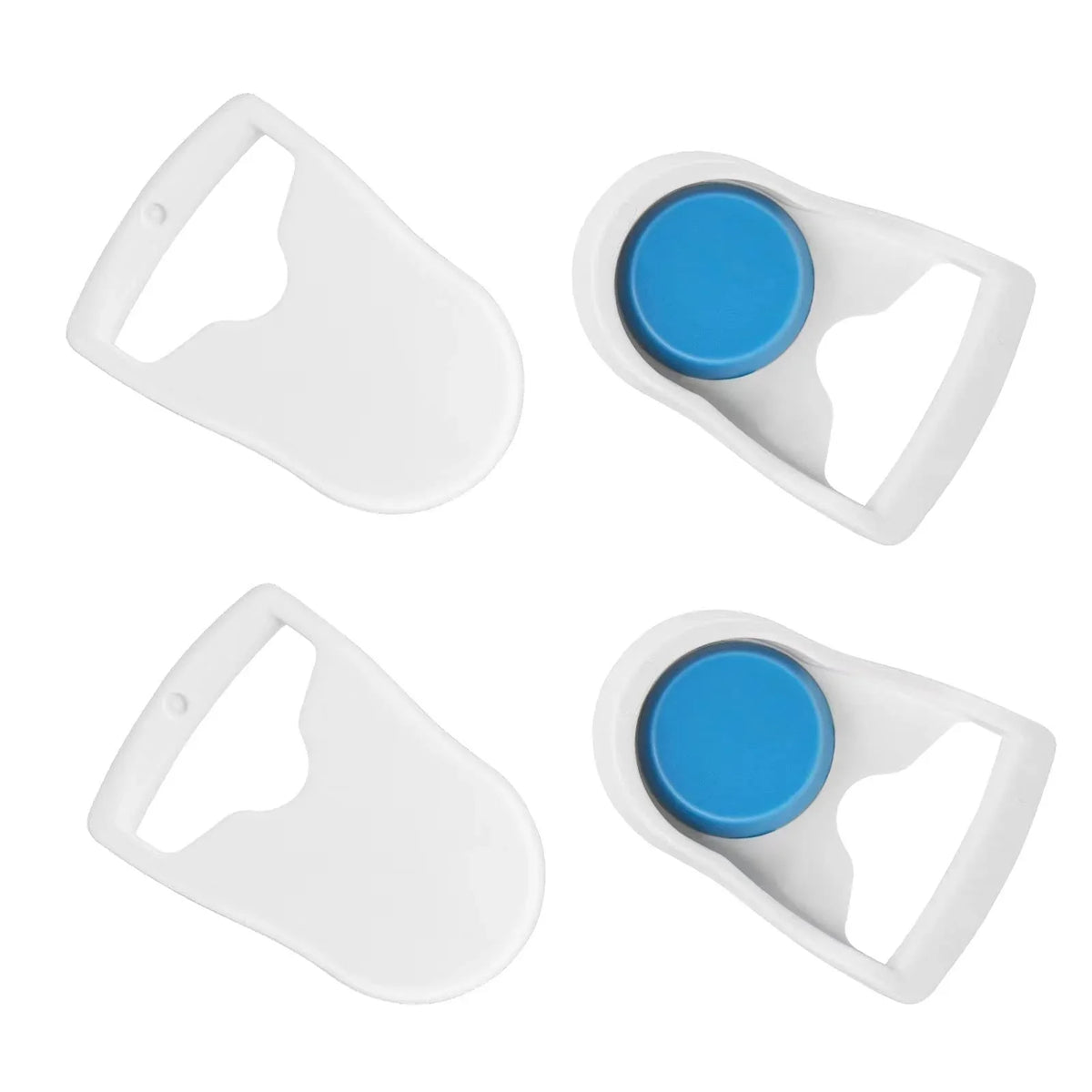Four ResMed Blue and White Mask Clips on wite Background.
