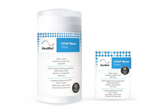 ResMed CPAP mask wipes container and travel pack, alcohol-free, for sleep apnea equipment cleaning