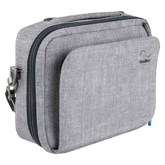 A gray textured fabric organizer pouch with a front pocket and a top zipper, featuring a small black 'ResMed' logo on the upper right of the front pocket.