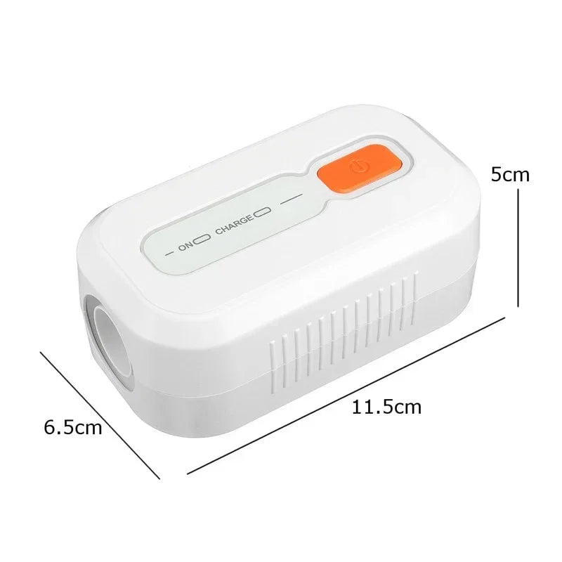 White electronic CPAP Sanitizer with charging indicator on a white background, showing dimensions.