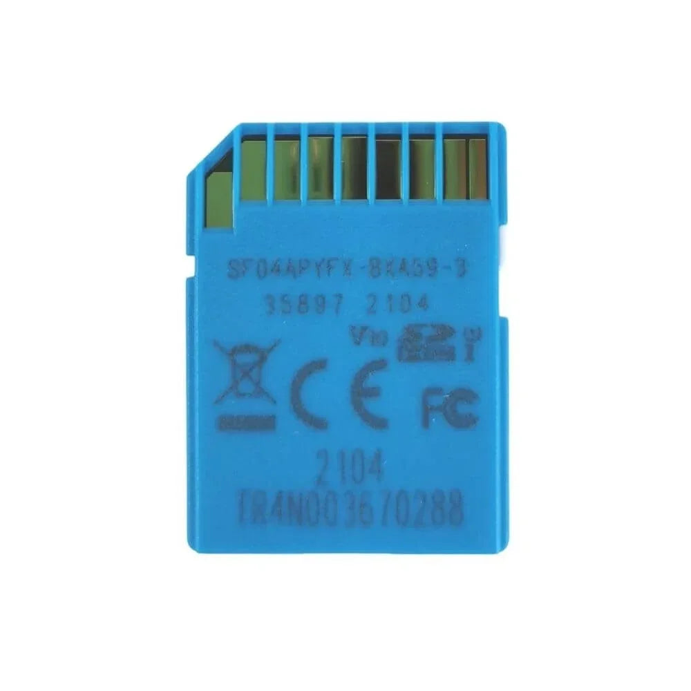 Blue memory card with text and certification logos on a white background