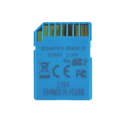 Blue memory card with text and certification logos on a white background