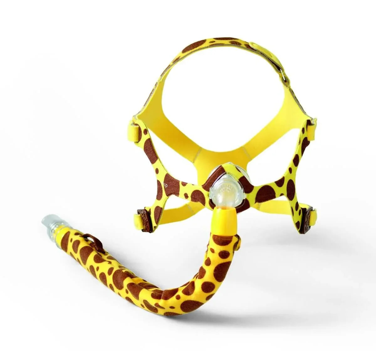 Yellow CPAP mask with giraffe print, pediatric sleep apnea mask with attached tubing.