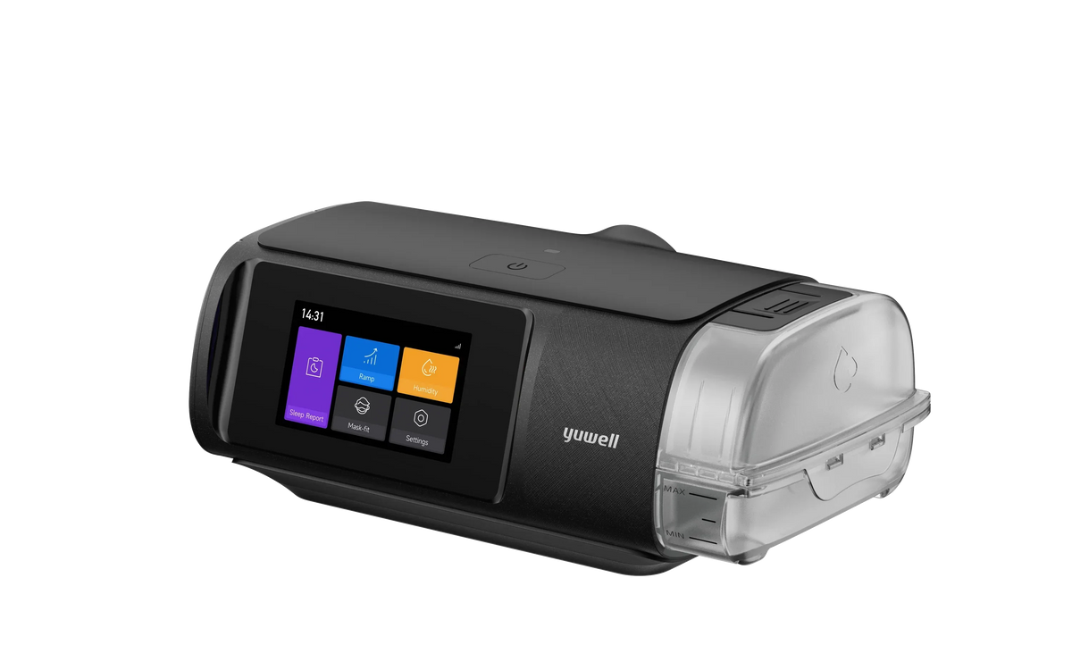 Front view of the Yuwell BreathCare III Auto CPAP machine with integrated heated humidifier, touchscreen display, and auto-adjusting pressure technology for sleep apnea therapy.