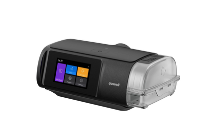 Front view of the Yuwell BreathCare III Auto CPAP machine with integrated heated humidifier, touchscreen display, and auto-adjusting pressure technology for sleep apnea therapy.