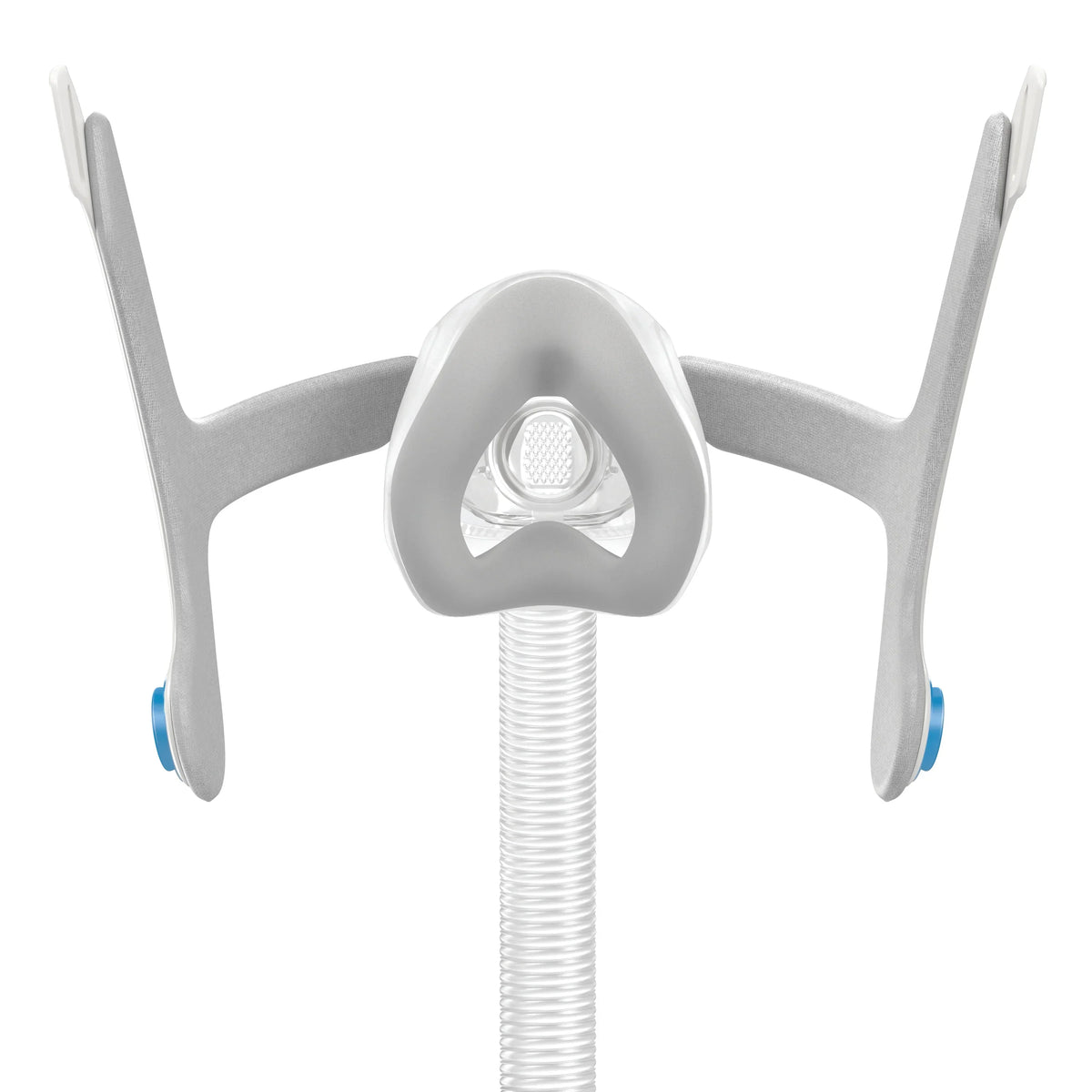 Front view of a white CPAP nasal mask with headgear and connecting air tubing