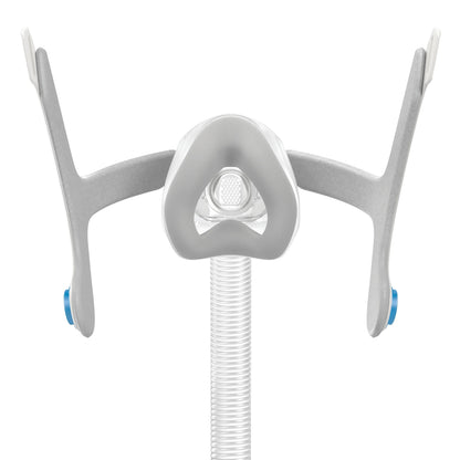 Front view of a white CPAP nasal mask with headgear and connecting air tubing