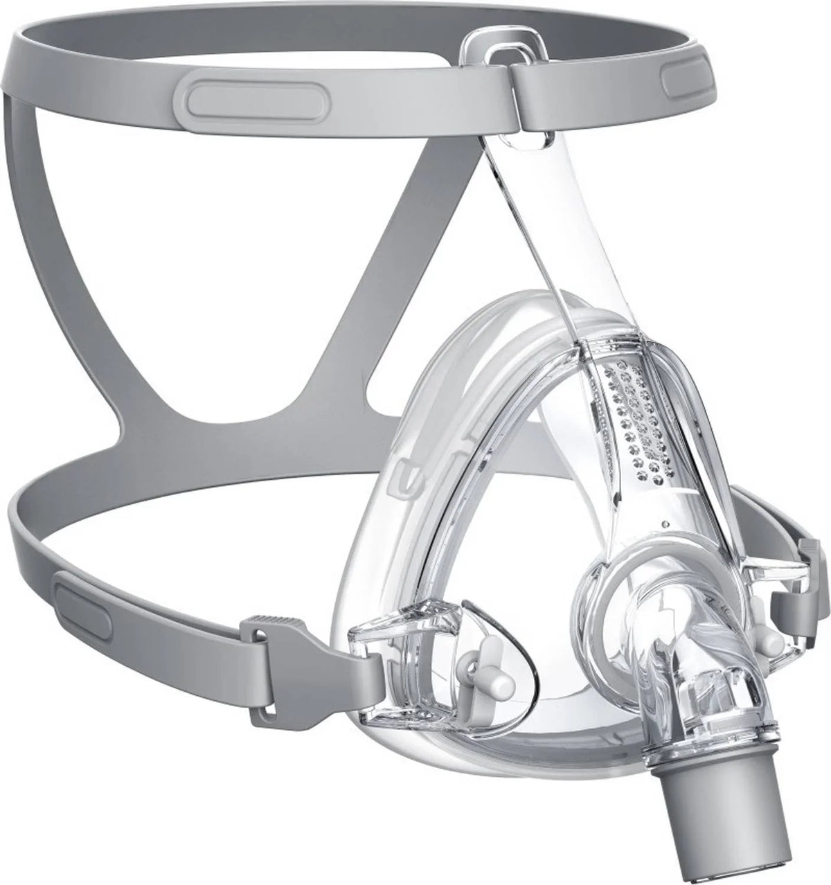 A clear full-face mask with a gray head strap and mouthpiece, shown on a plain white background.