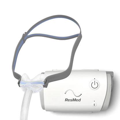 ResMed AirMini travel CPAP machine with AirFit N30 under-the-nose nasal mask from the N30 bedside starter kit.