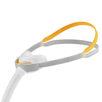 Fisher & Paykel Solo nasal CPAP mask right side view with headgear and tubing