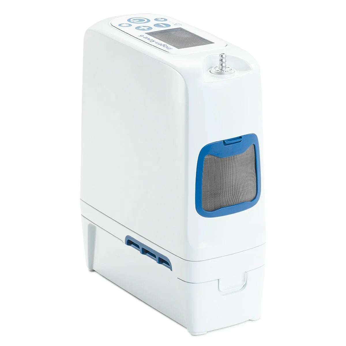 A white and blue medical oxygen concentrator with a digital control panel on top, shown against a plain white background.