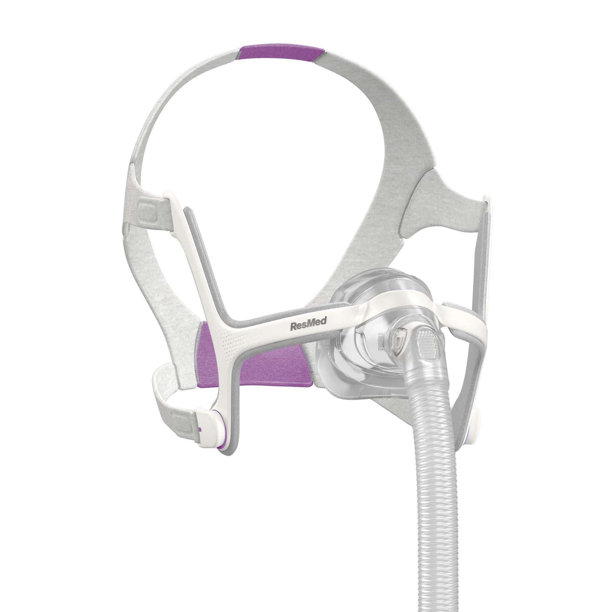 ResMed CPAP nasal mask with white and purple headgear and corrugated tubing