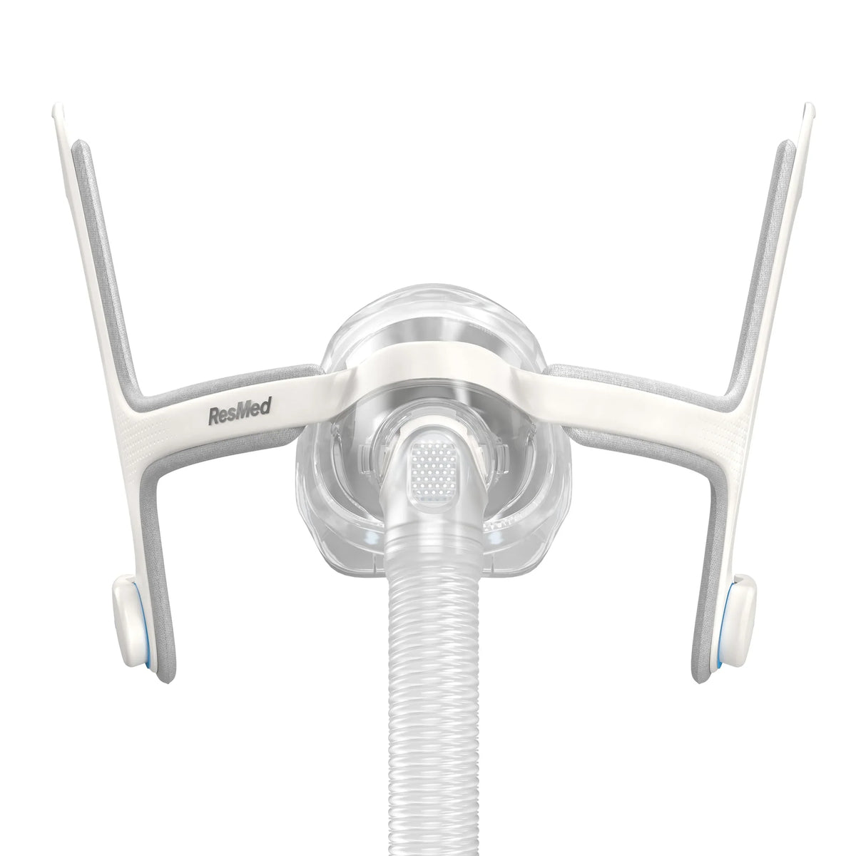 ResMed full face CPAP mask with white headgear and connected air tubing