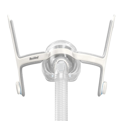 ResMed full face CPAP mask with white headgear and connected air tubing