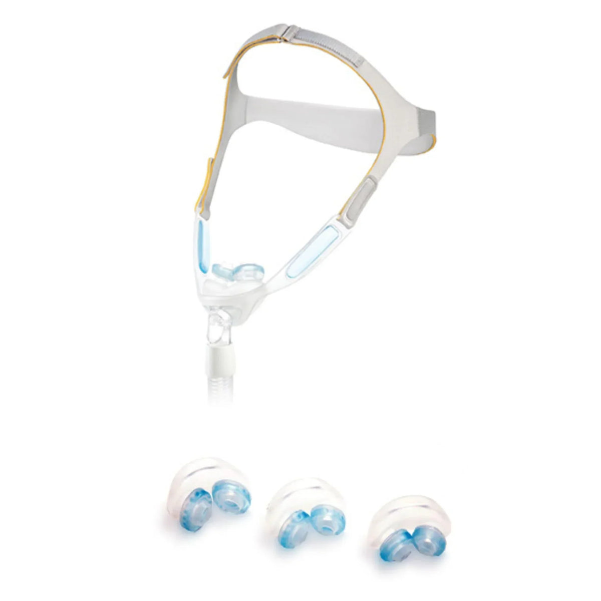 Philips Respironics Nuance Pro nasal pillow CPAP mask with soft gel cushion and tube-in-front design.