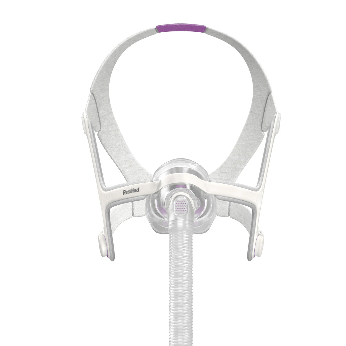 ResMed CPAP nasal mask with white frame and adjustable headgear on white background
