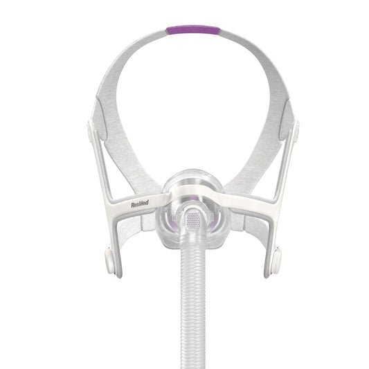 ResMed CPAP nasal mask with white frame and adjustable headgear on white background