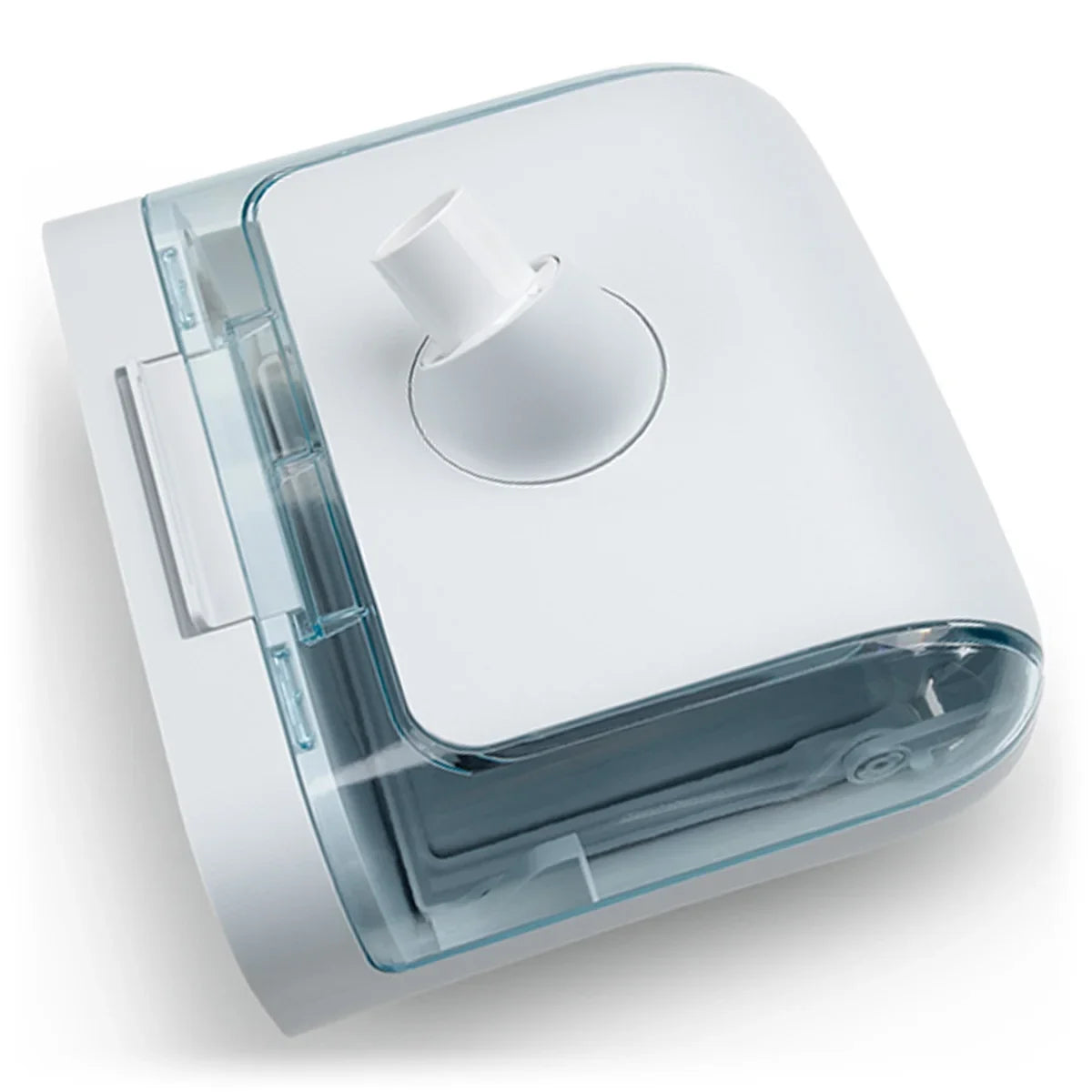 White CPAP humidifier water chamber with a transparent reservoir and tubing connector.