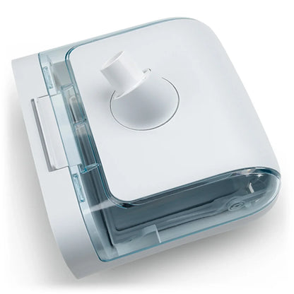 White CPAP humidifier water chamber with a transparent reservoir and tubing connector.