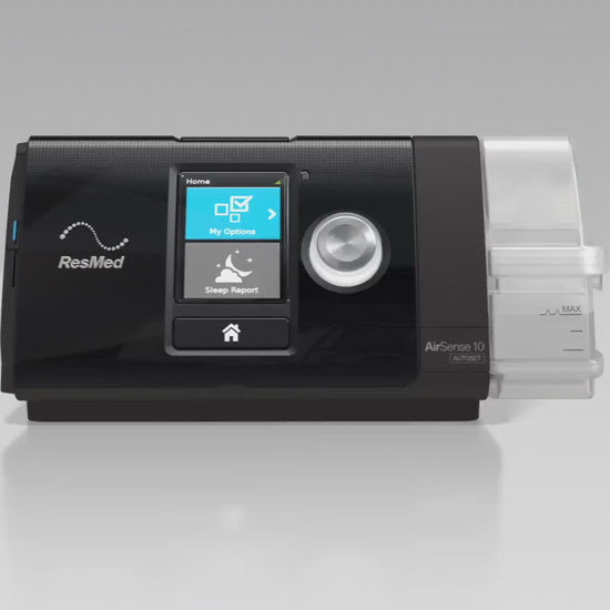 Video demonstration of the ResMed AirSense 10 AutoSet CPAP machine showing the front display, humidifier chamber, controls, and key sleep therapy features.