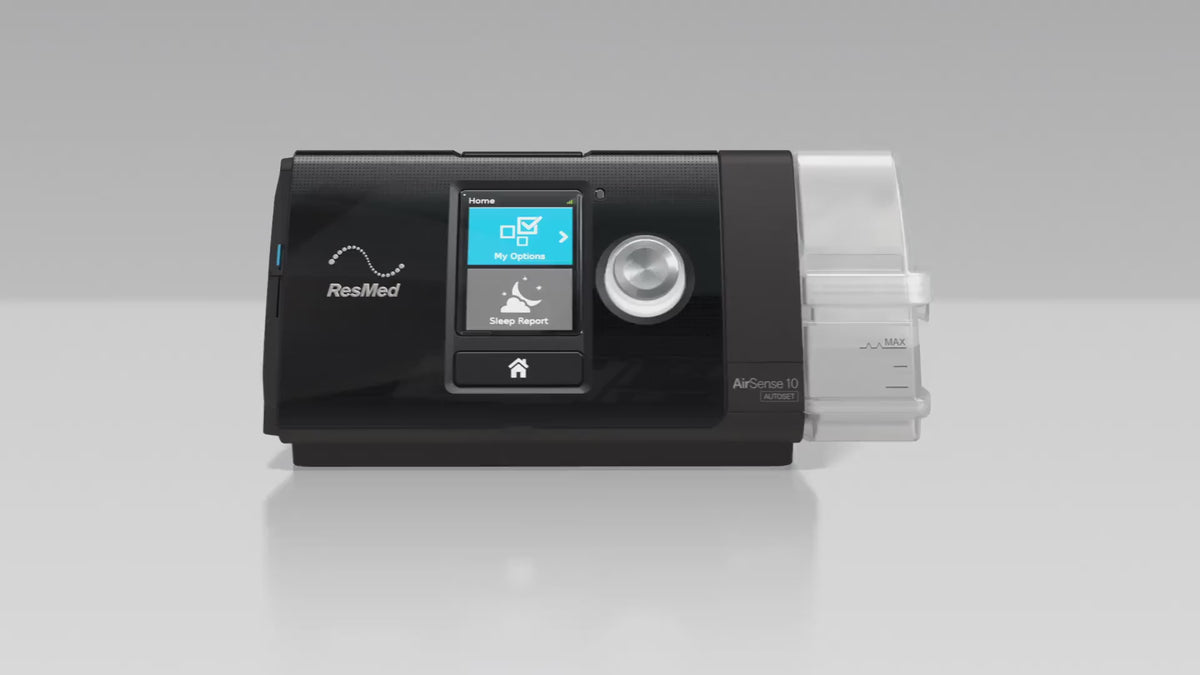 Video demonstration of the ResMed AirSense 10 AutoSet CPAP machine showing the front display, humidifier chamber, controls, and key sleep therapy features.