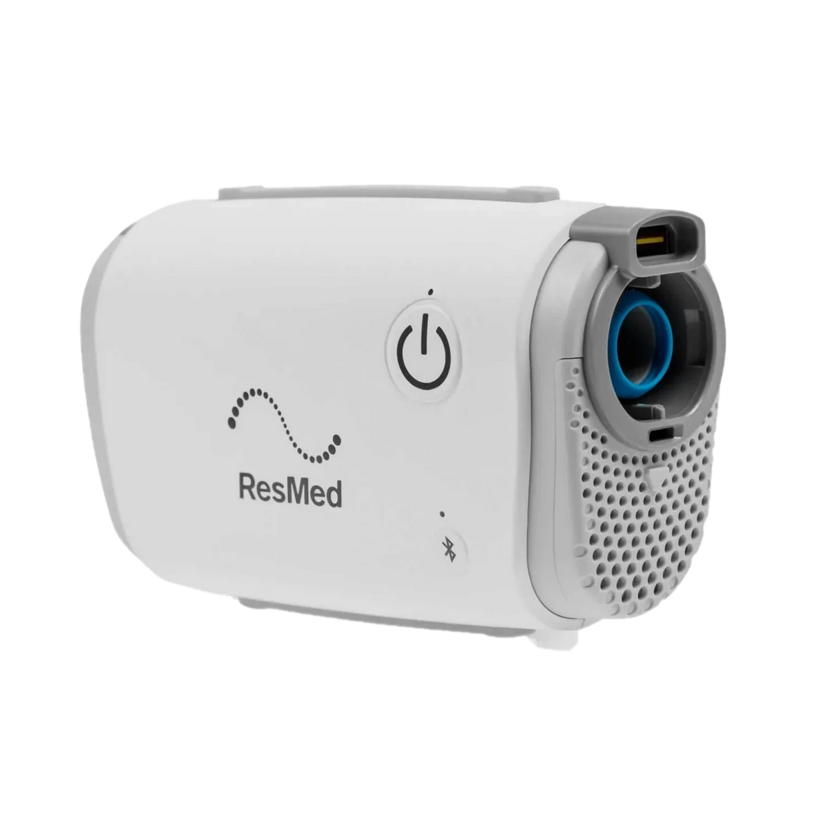 A white and gray ResMed travel CPAP machine shown at a three-quarter angle on a solid white background.