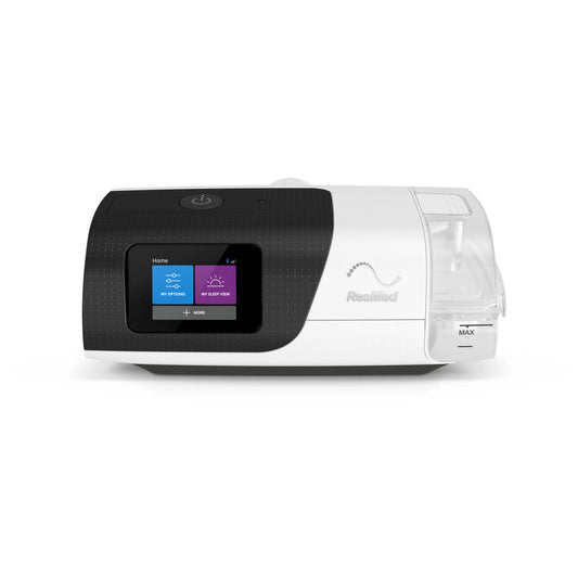 ResMed AirSense 11 AutoSet CPAP machine front and top view with integrated humidifier