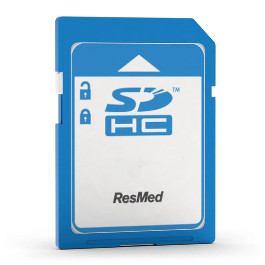 A blue and white SDHC memory card with the ResMed brand name printed on the front, shown against a plain white background.