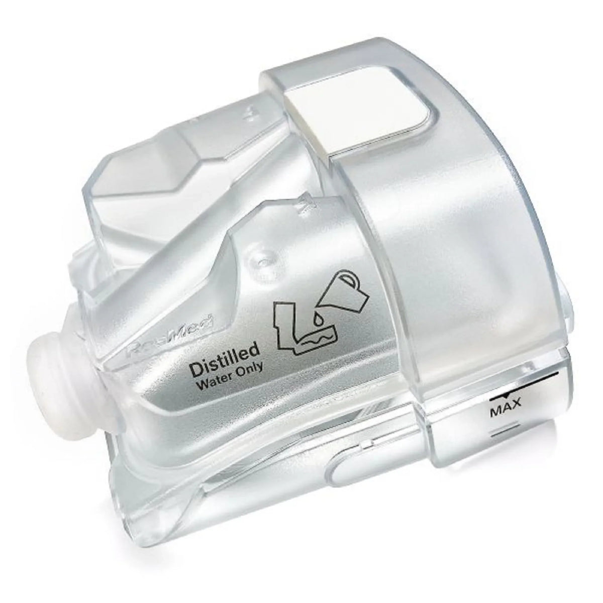 ResMed CPAP humidifier water chamber with distilled water only marking and maximum fill line.