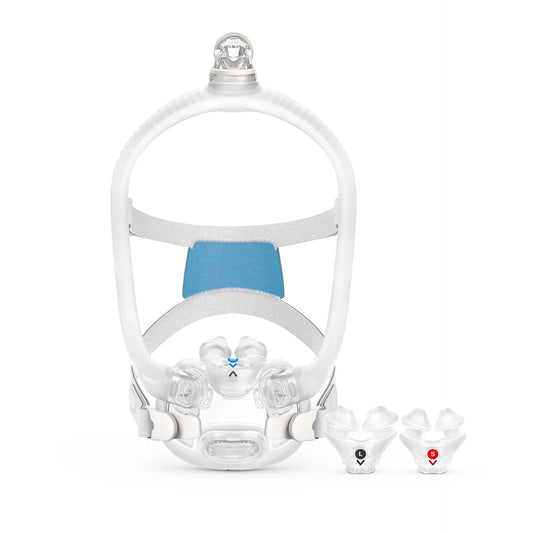 A clear CPAP mask with a white headband, blue inner cushion, and two clear nasal pillows shown on a white background.