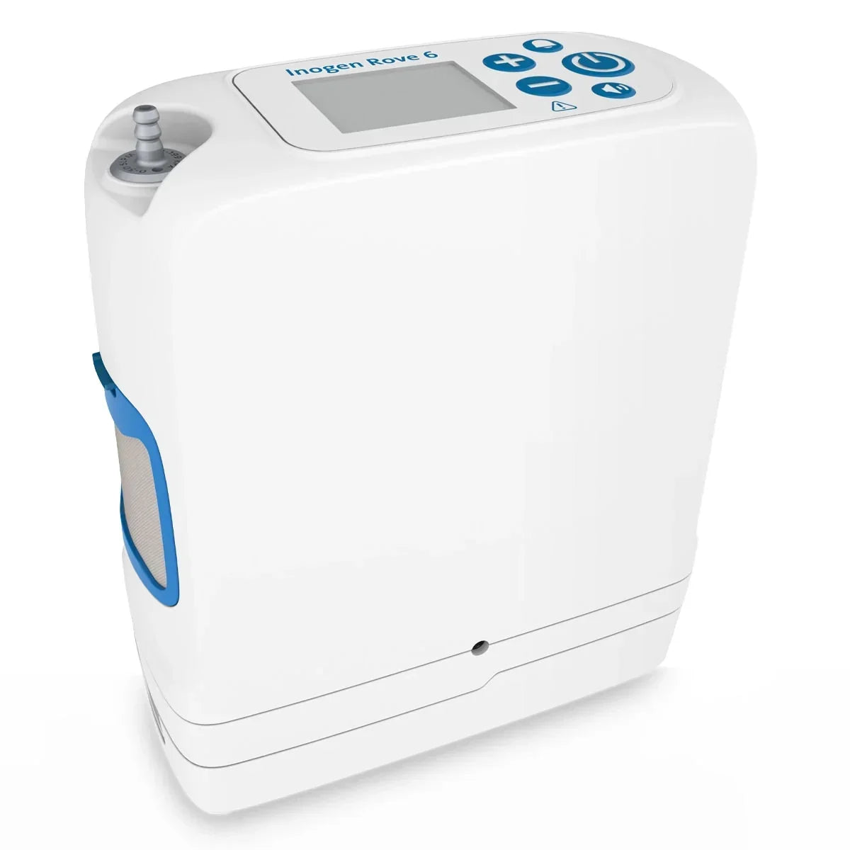 A white oxygen concentrator machine with blue accents, featuring a digital display screen and control buttons on top, set against a plain white background.
