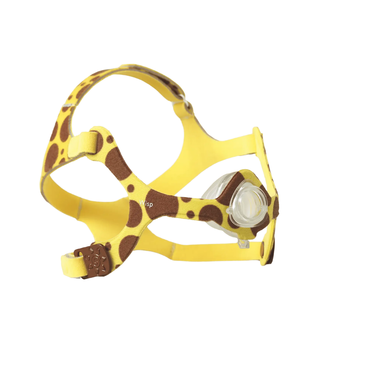 Yellow giraffe print CPAP nasal mask for pediatric patients on a green background